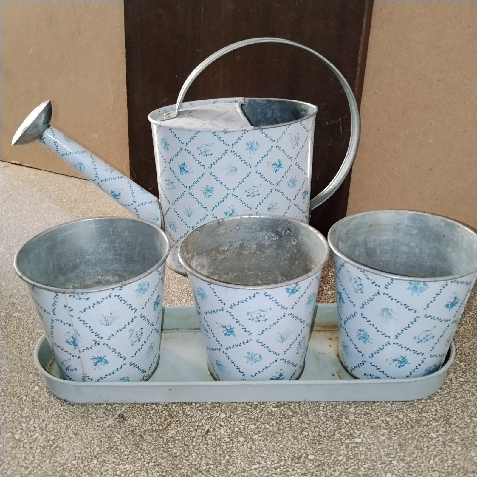 Retro set gieter en 3 bloempotjes (metaal), Ophalen, Metaal