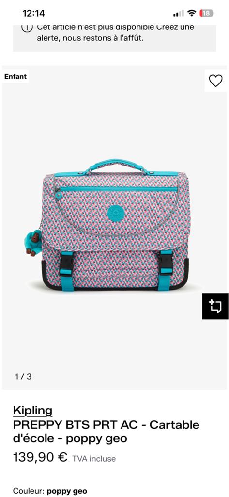 Cartable Kipling Preppy Motif Géométrique Rose et Turquoise, Bijoux, Sacs & Beauté, Sacs | Cartables, Comme neuf, Bleu, Enlèvement