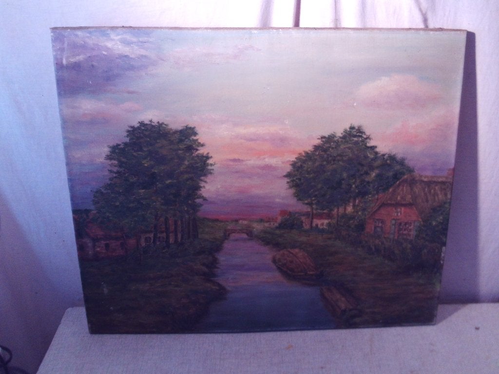 Mooi Oud Geschilderd Werk 'Rievier door het dorpje' - gesign, Antiek en Kunst, Doek, Ophalen of Verzenden, Landschap, Olieverf