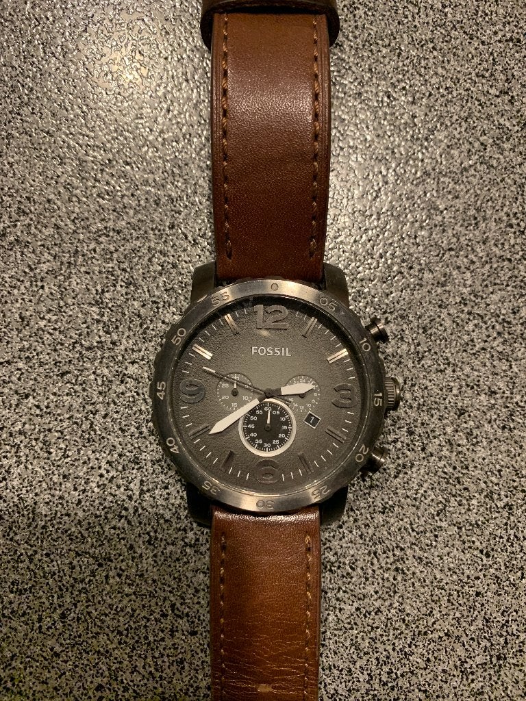 Fossil polshorloge, Handtassen en Accessoires, Leer, Staal, Polshorloge, Zo goed als nieuw