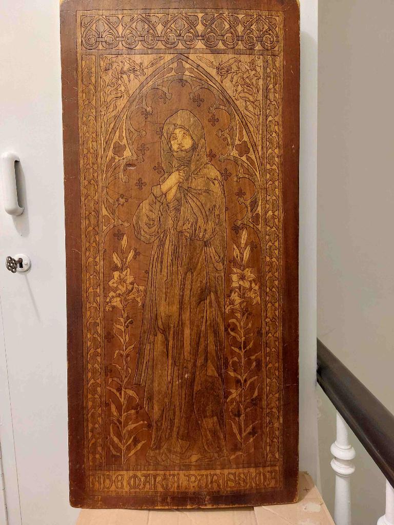Houten paneel in pyrografie, Bois, Brun, Religion, Enlèvement