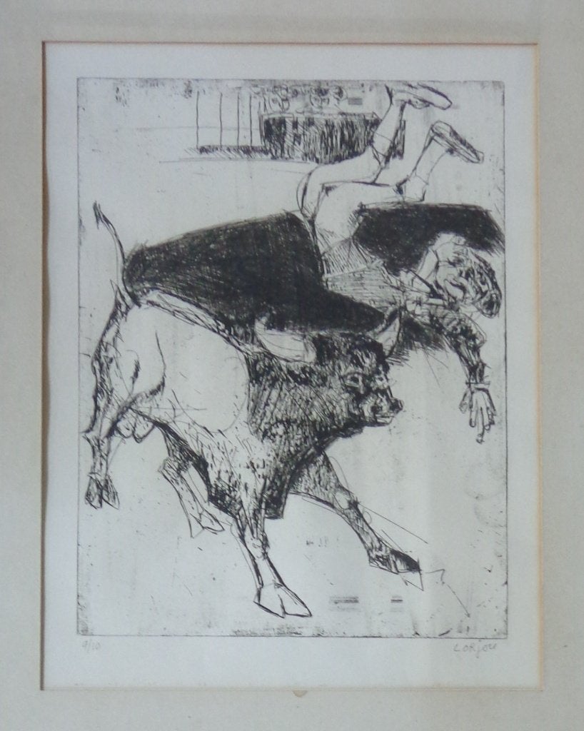 BERNARD LORJOU / TORERO RENVERSE / ZW-W ETS / 77x63cm KADER, Antiquités & Art, Avec verre, Enlèvement, Personnages et figures fantastiques