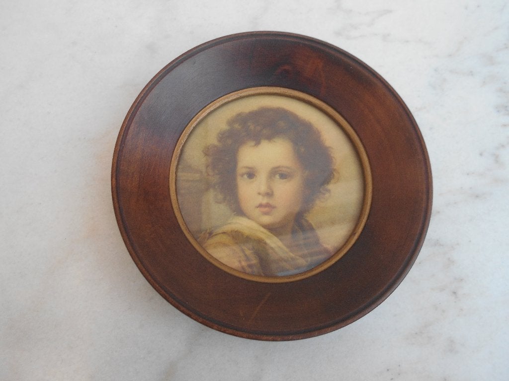 ancien cadre rond  bois"Le divin pasteur "Murillo Années 50, Antiquités & Art, Enlèvement ou Envoi