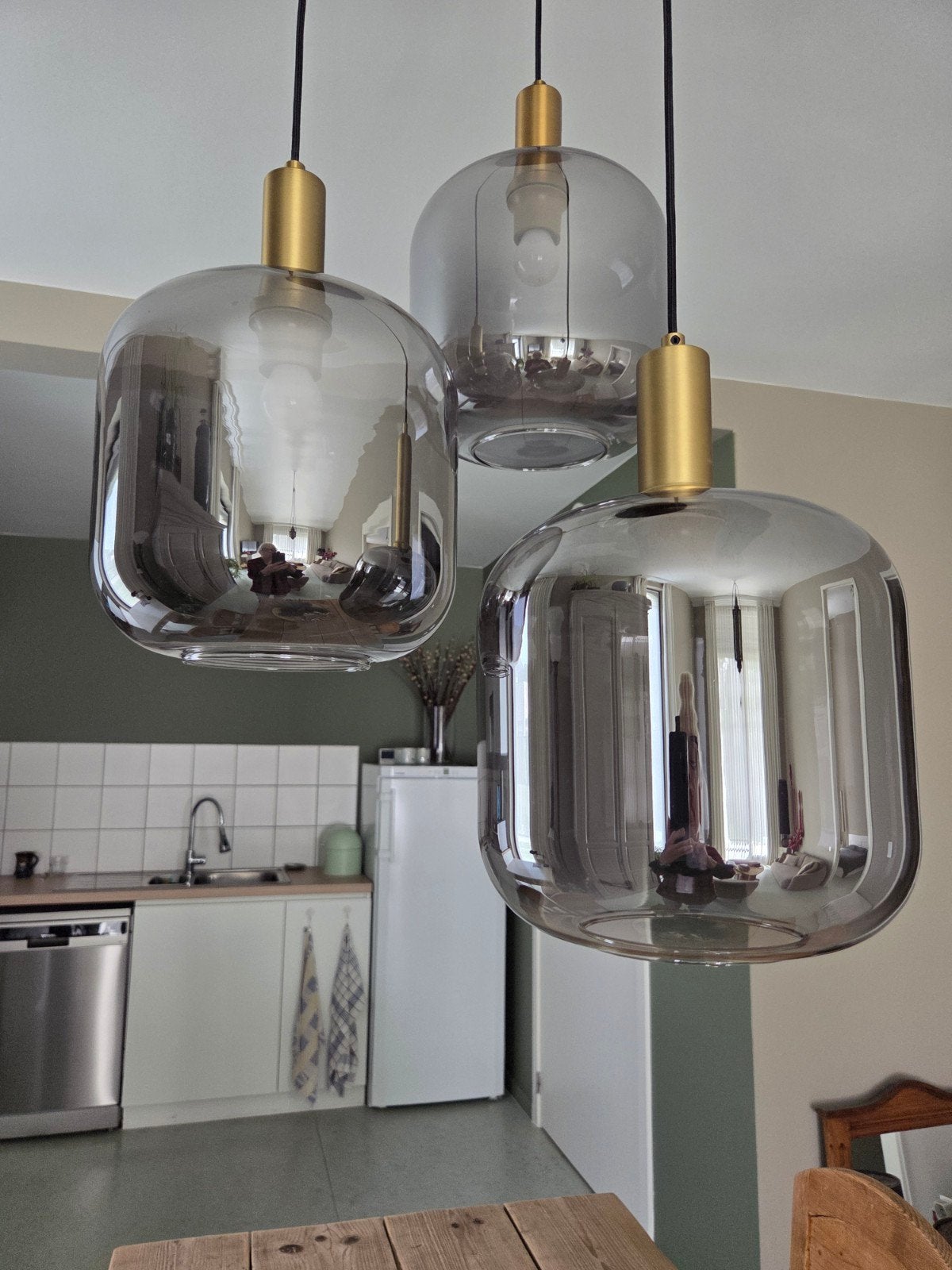 Design hanglamp in smoke glas met 3 lichtbronnen., Ophalen, Glas