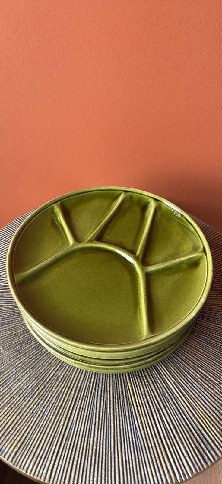 Set van 6 vintage Niderviller France borden – olijfgroen, Ophalen, Keramiek, Vintage, Zo goed als nieuw