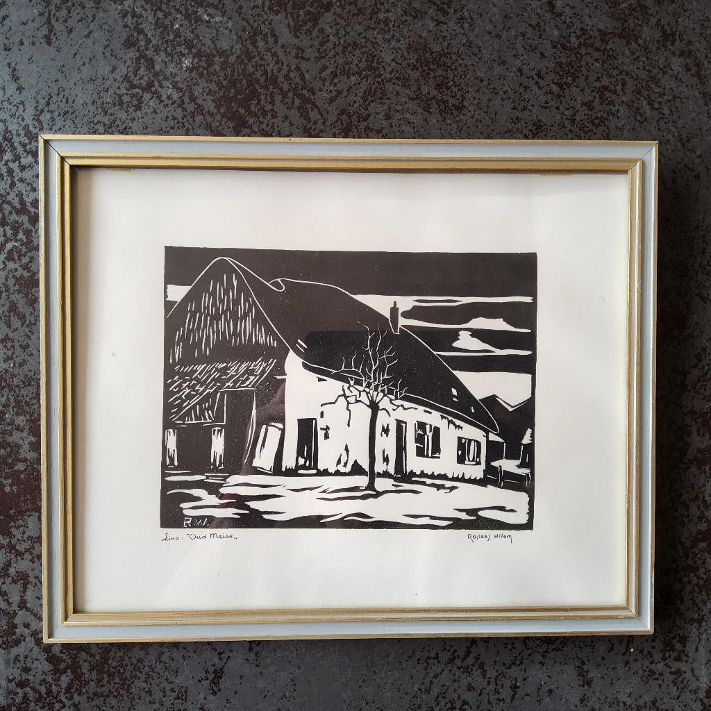 Linosnede Oud Meise door Willem Rosiers, Antiek en Kunst, Kunst | Etsen en Gravures, 26 cm, Architectuur, 32 cm, 1950 - 1999