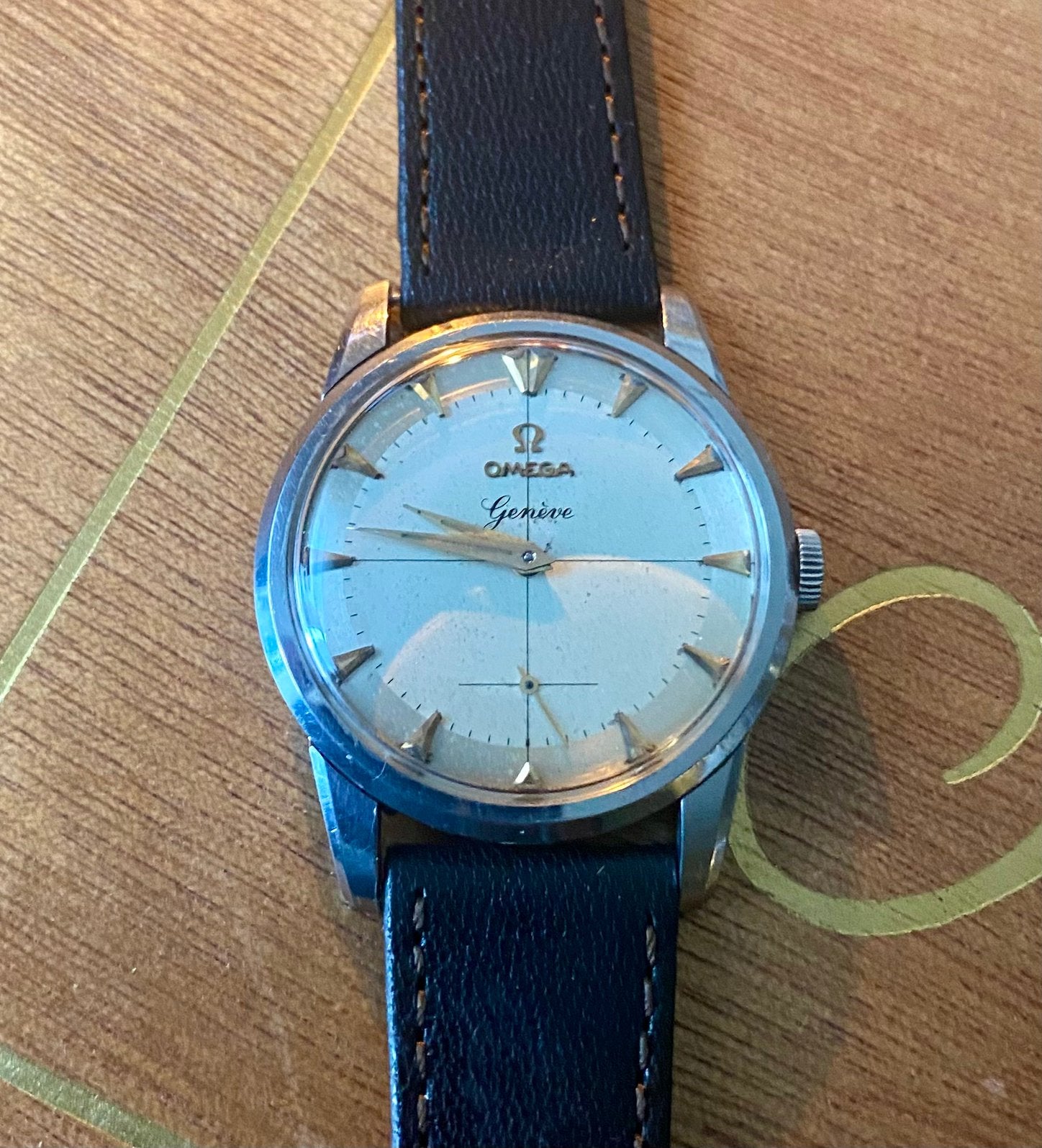 Omega Genève 1959, Montre-bracelet, Enlèvement ou Envoi, Cuir, Acier