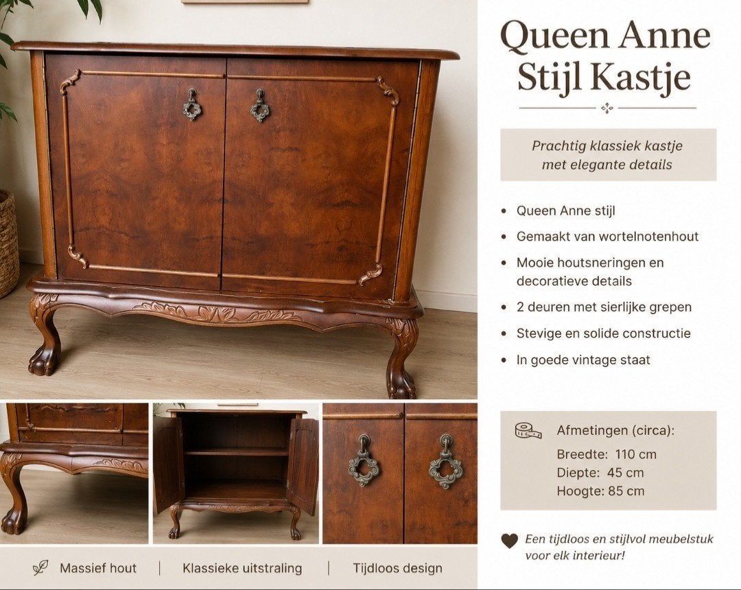 Vintage Queen Anne Kast - Wortelnoten met klauwpoten, Ophalen, Overige houtsoorten, Gebruikt, Met deur(en)