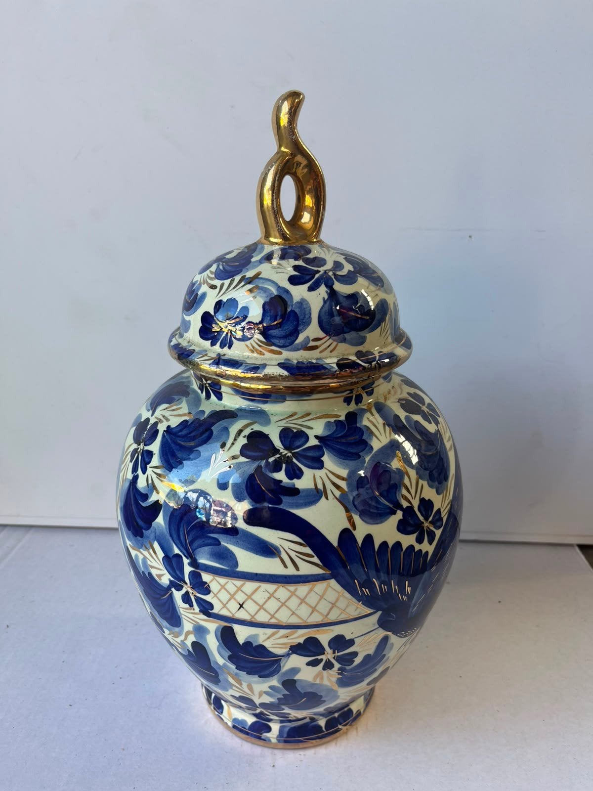 Vintage H. Bequet Quaregnon dekselvaas 30 cm – handbeschilde, Enlèvement