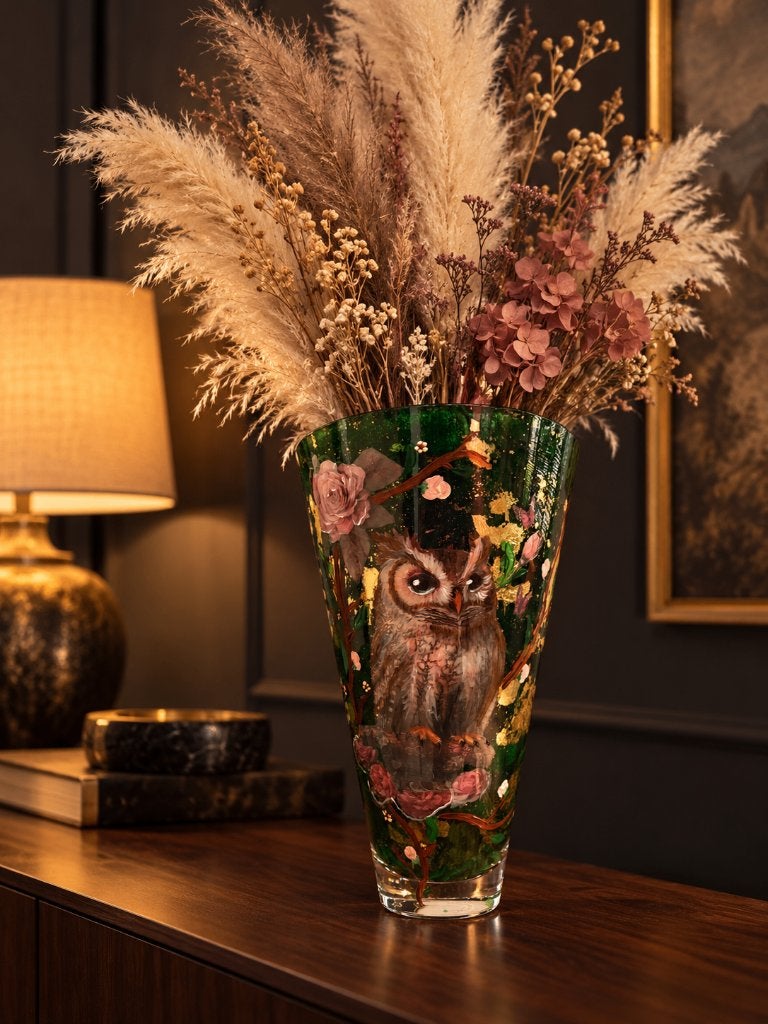 Handgedecoreerde vaas met uilen, Huis en Inrichting, Nieuw, Ophalen of Verzenden, Glas, Geschikt voor droogbloemen