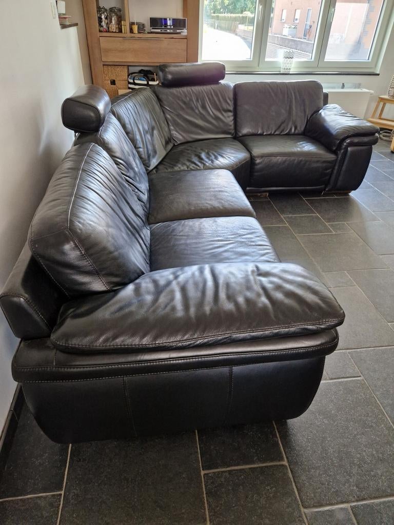 L-vormige hoeklounge in zwart leer (5 of 3 zitplaatsen), Huis en Inrichting, Zetels | Zetels en Chaises Longues, Leer, Ophalen