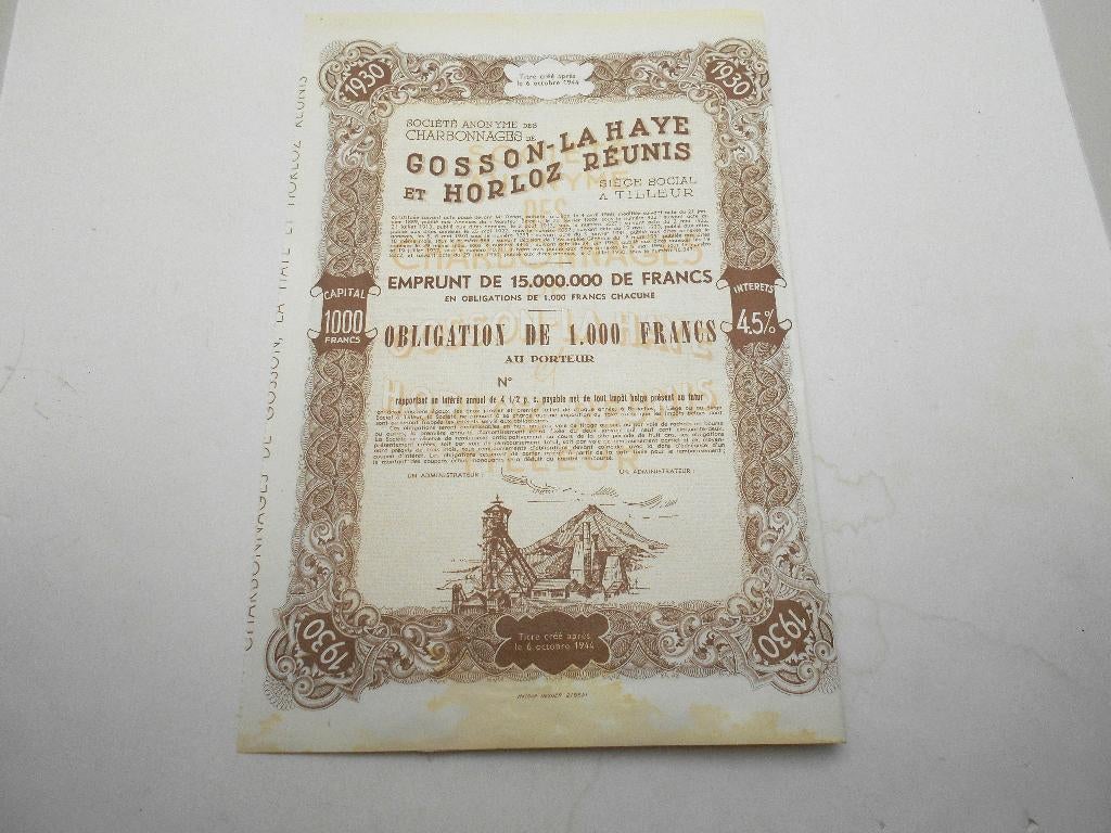 Obligation  Charbonnages Gosson Lahaye Horloz 1950 (Tilleur), Enlèvement ou Envoi, 1920 à 1950, Obligation ou Prêt
