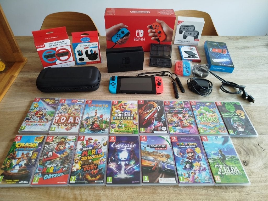 Nintendo Switch + 15 Games + Veel Accessoires –  Nieuwstaat, Avec 1 manette, Comme neuf, Enlèvement, Switch Original