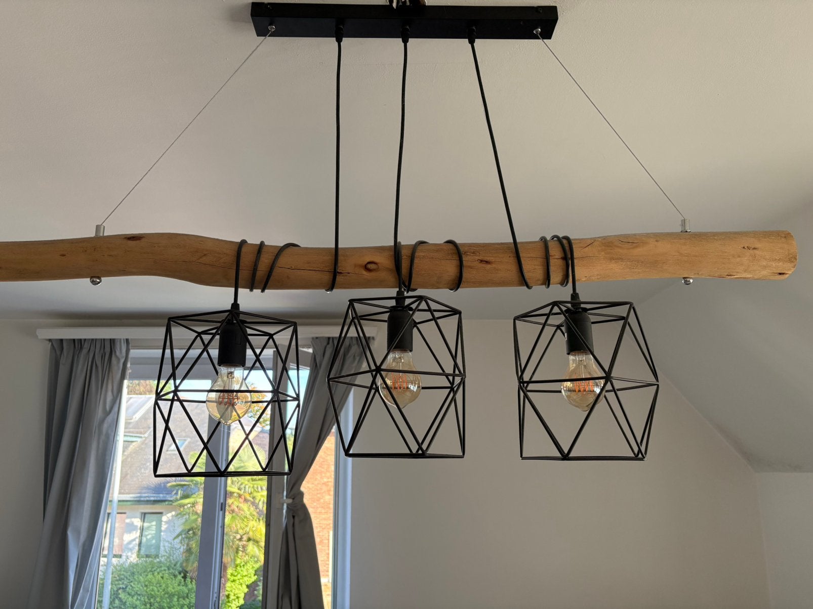 Suspension industrielle Bois & Métal noir – 3 lampes, Maison & Meubles, Enlèvement, Comme neuf, Bois