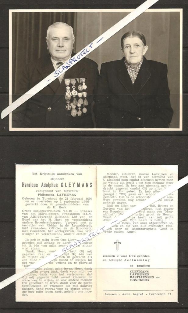 Oorlog-Oudstrijder-Foto+Doodsprentje-Henri Cleymans-Turnhout, Verzamelen, Verzenden, Overige soorten, Foto of Poster