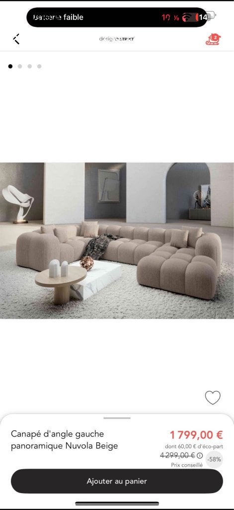 Canapé d'angle gauche panoramique Nuvola Beige, 150 cm ou plus, Quatre personnes ou plus, Enlèvement, Utilisé