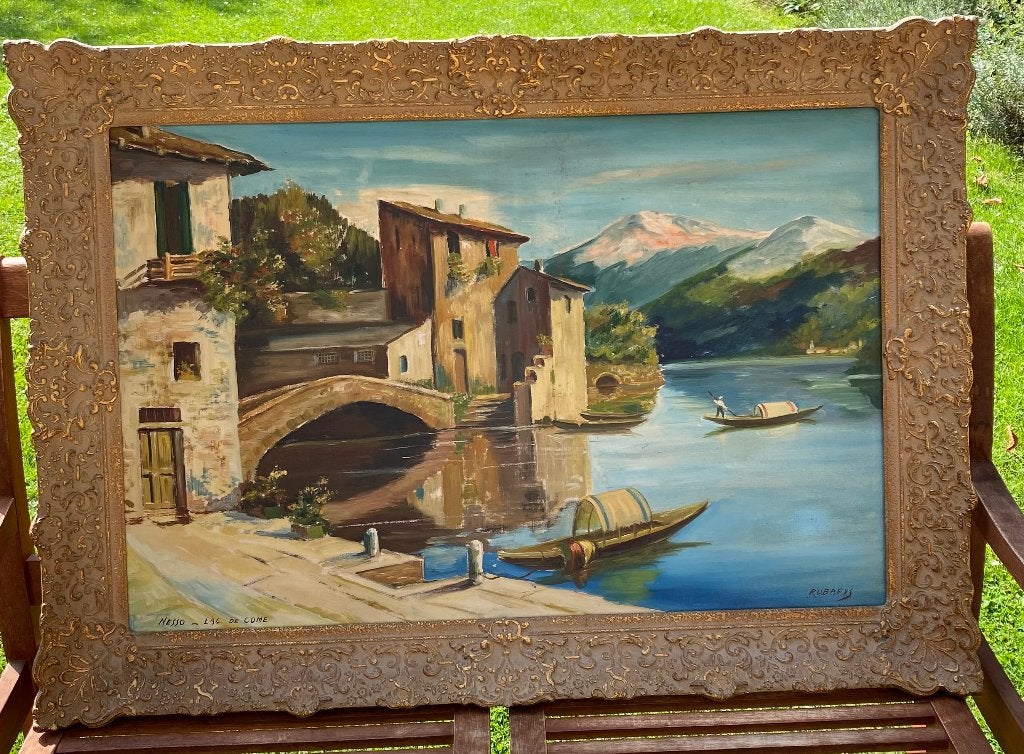 TABLEAU Robaeys  "Nesso  Lac de COME", Peinture à l'huile, Paysage, Enlèvement, Toile