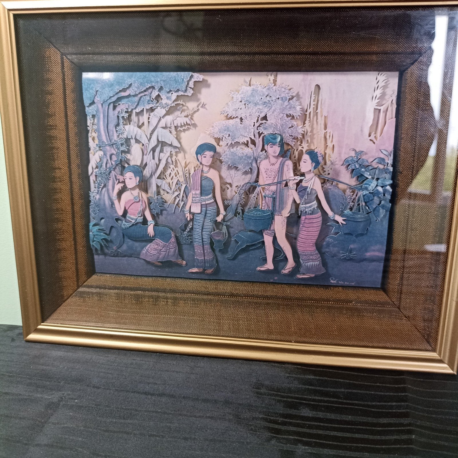 Diorama 3D thaïlandais vintage — Cadre doré Shadow Box, Hobby & Loisirs créatifs, Enlèvement ou Envoi, Diorama