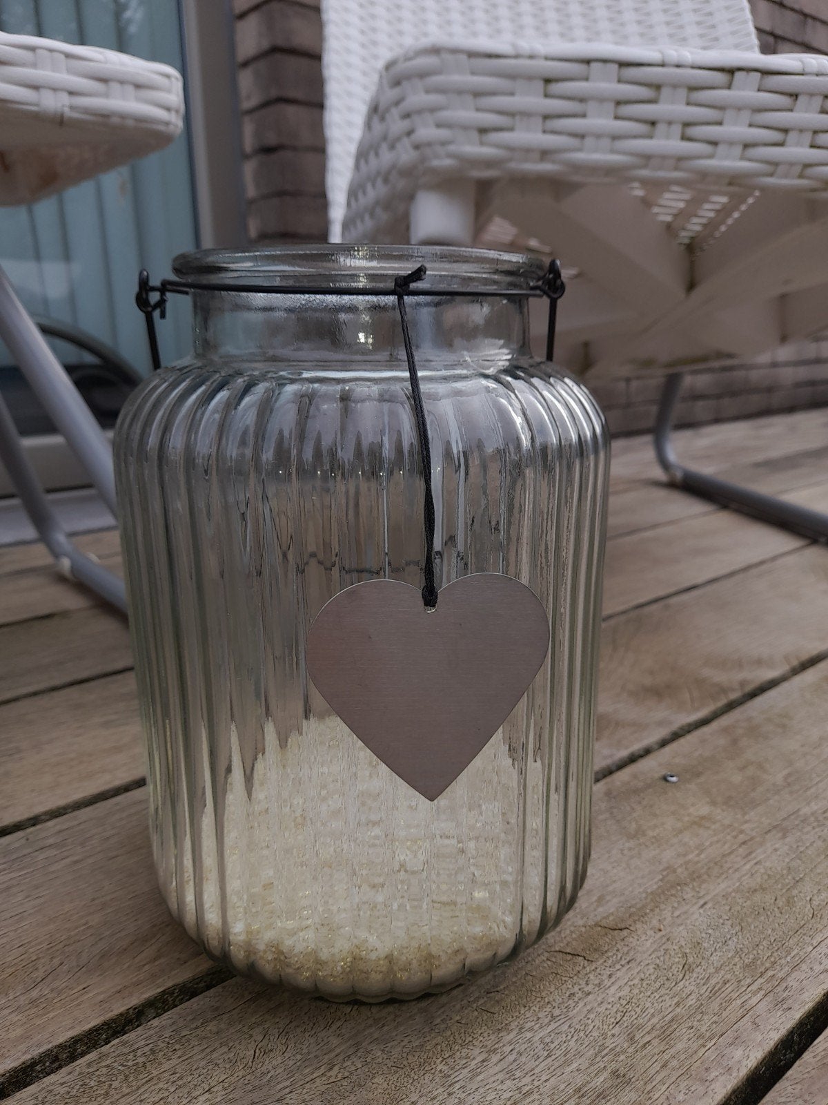 Glazen decoratie pot met zilverkleurig hartje, Glas, Ophalen, Zo goed als nieuw