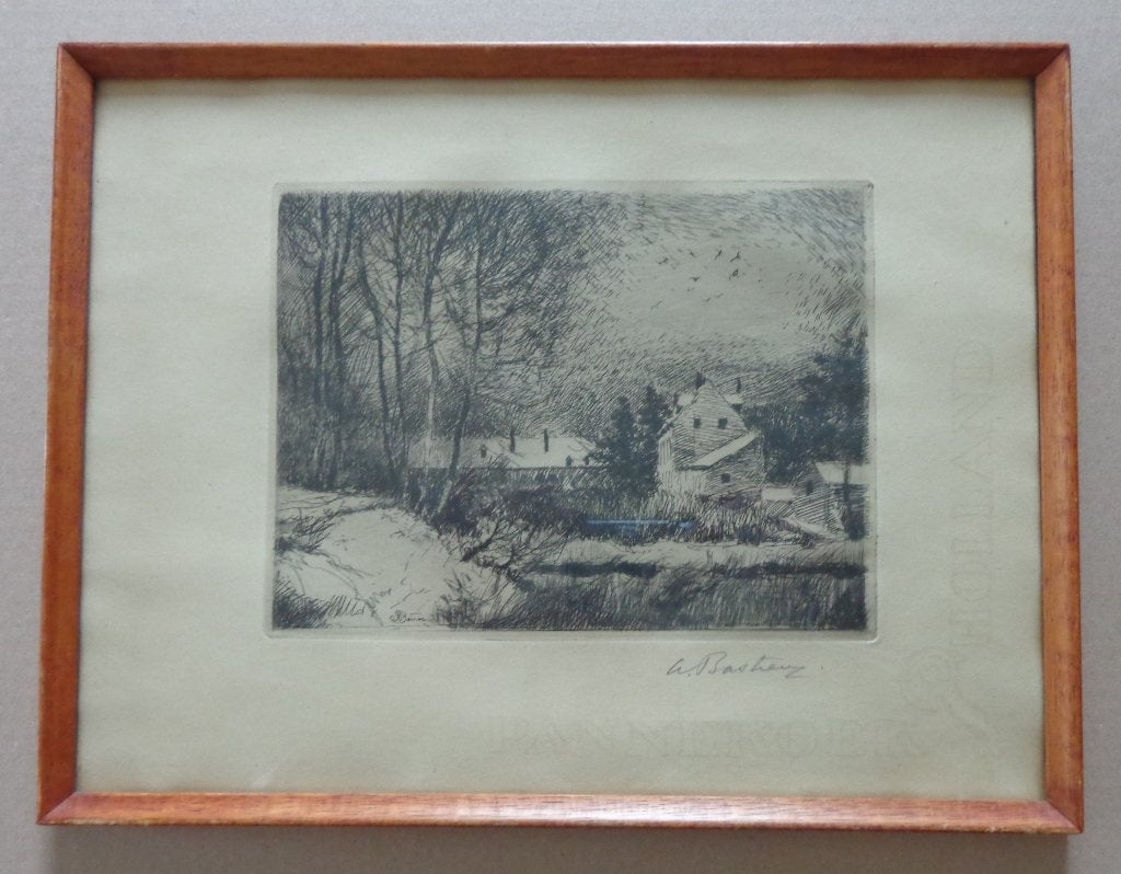ALFRED BASTIEN / LE ROUGE-CLOITRE / ZW-W ETS / 26x34cm KADER, Enlèvement ou Envoi, Paysage, Eau-forte, Signé