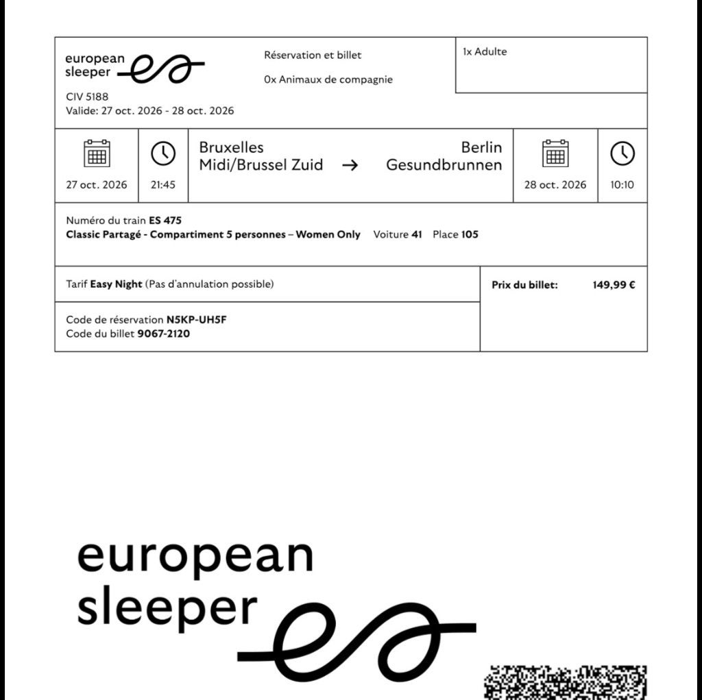 Slaapticket Brussel Berlijn 27/10, Tickets en Kaartjes, Eén persoon, Trein, Met bestemming of datum