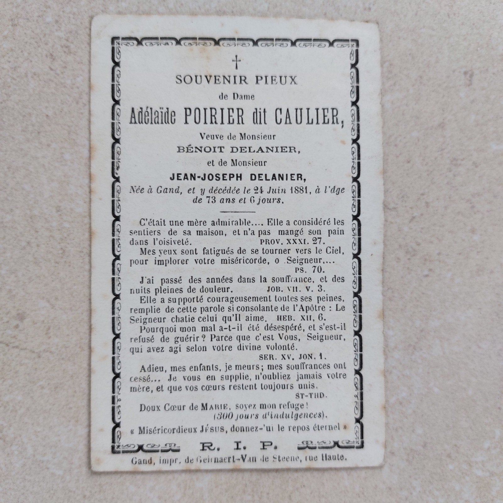 oud doodsprentje Gent 1808 - 1881, Ophalen of Verzenden