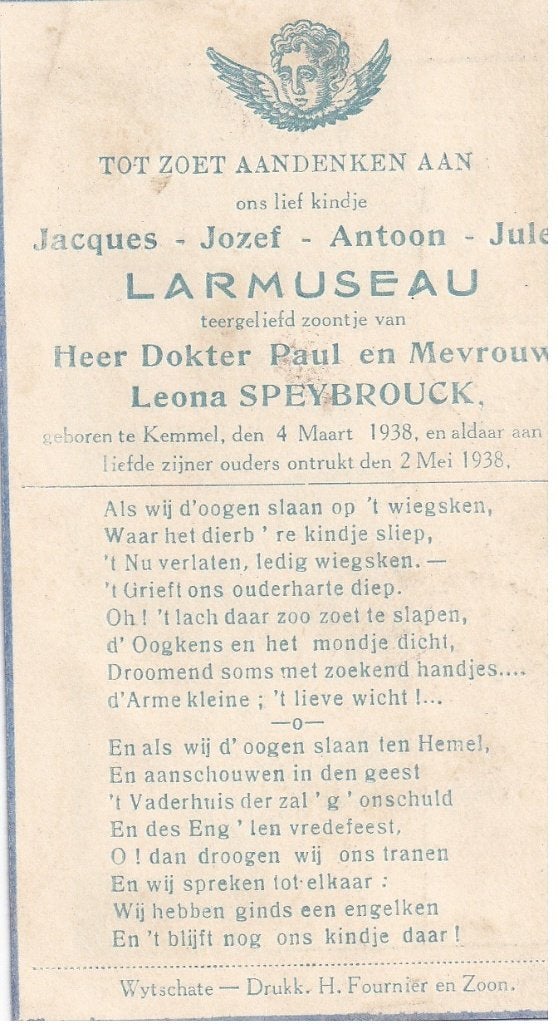K 2 / B P LARMUSEAU KEMMEL 1938 - 1938, Ophalen of Verzenden, Bidprentje