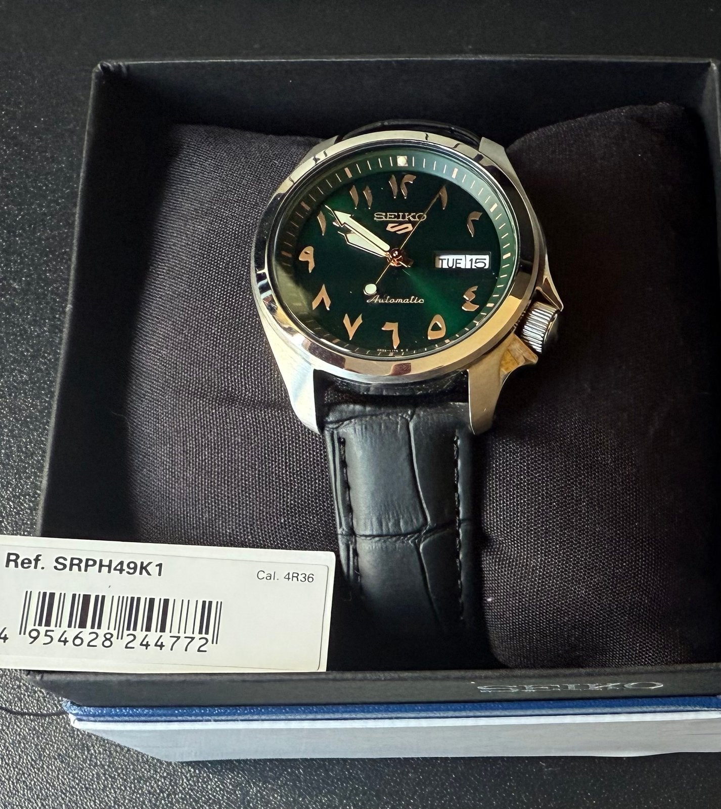 Seiko arabisch volledige set SRPH49K1, Handtassen en Accessoires, Seiko, Leer, Staal, Polshorloge