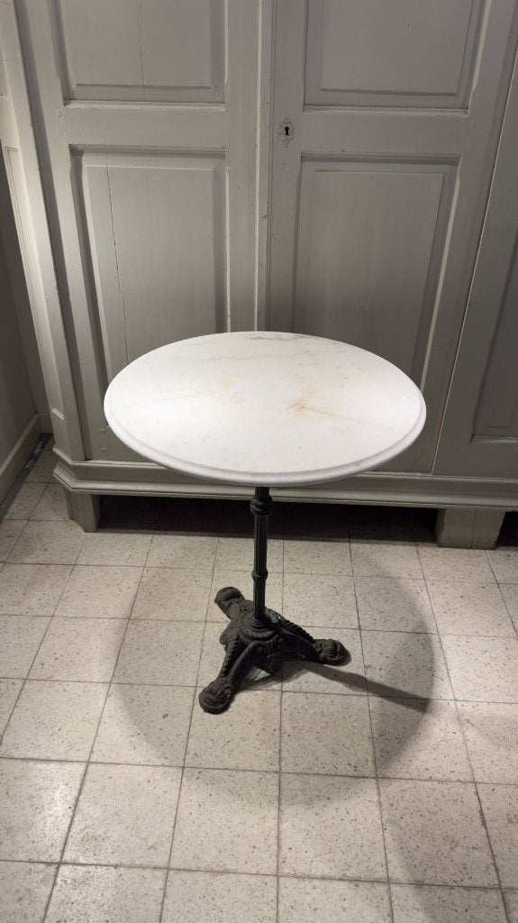 Franse bistrotafel rond wit marmer, gietijzeren voet, Ø60, Ophalen, Gebruikt, 50 tot 100 cm, Rond