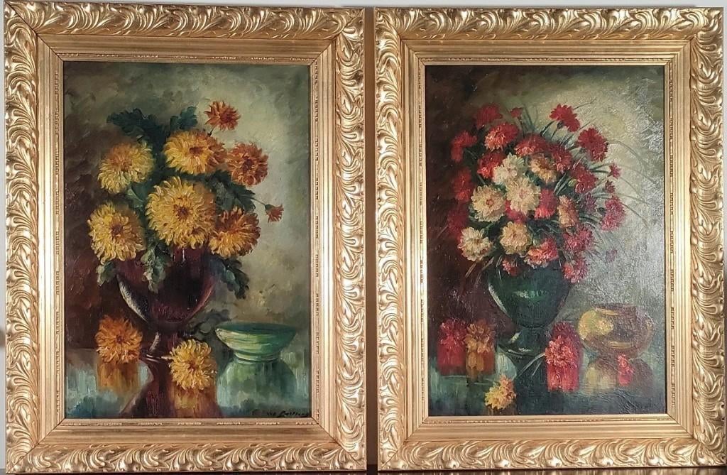 Paar schilderijen, boeketten bloemen, Ophalen of Verzenden