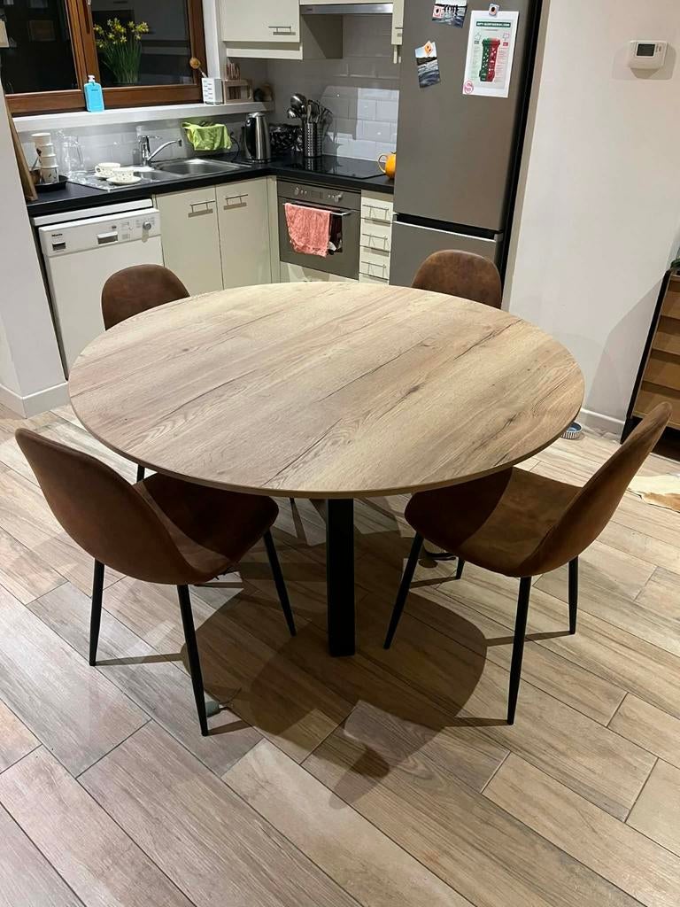 Eikenhouten tafel met 4 suede stoelen, Enlèvement