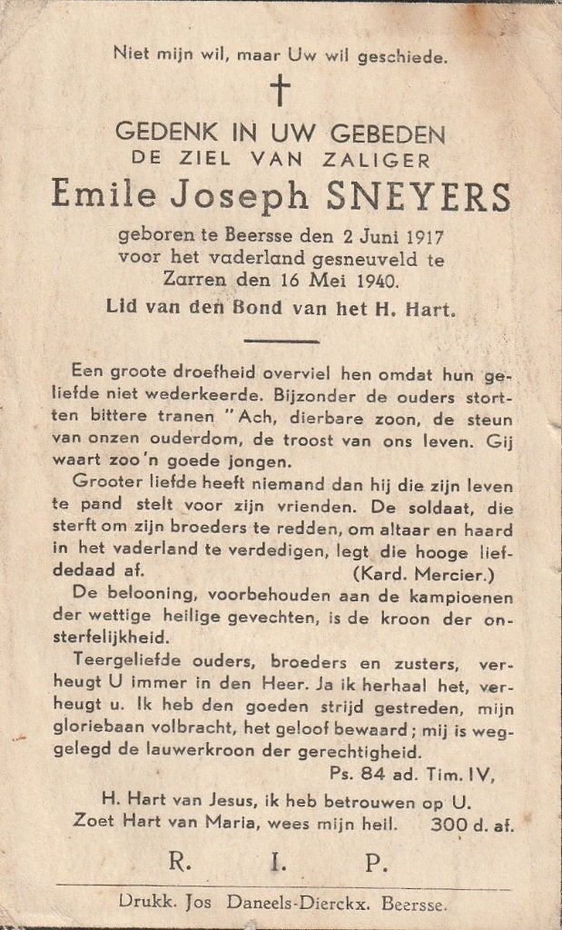 Gesneuvelde Emile Sneyers Zarren 16.05.1940, Verzamelen, Ophalen of Verzenden