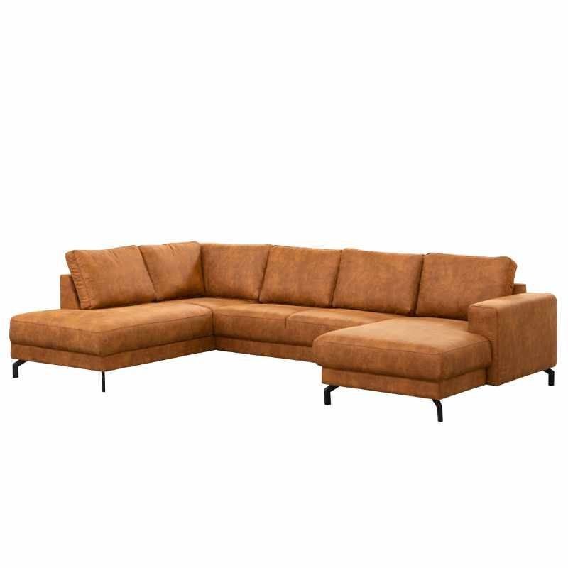 N6B Zetels Nieuw cognac microvezel 304/148/198cm +Levering, Hoekbank, Ophalen of Verzenden, Vierpersoons of meer, 300 cm of meer