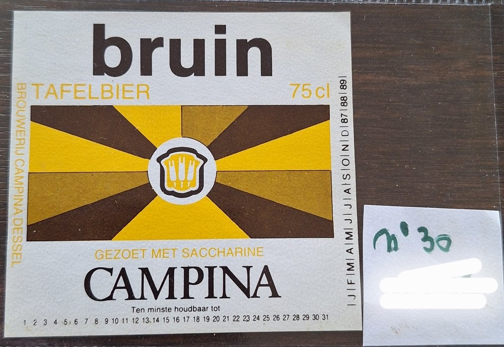 etiket Campina bruin tafelbier (nr30), Ophalen, Zo goed als nieuw, Overige typen, Overige merken
