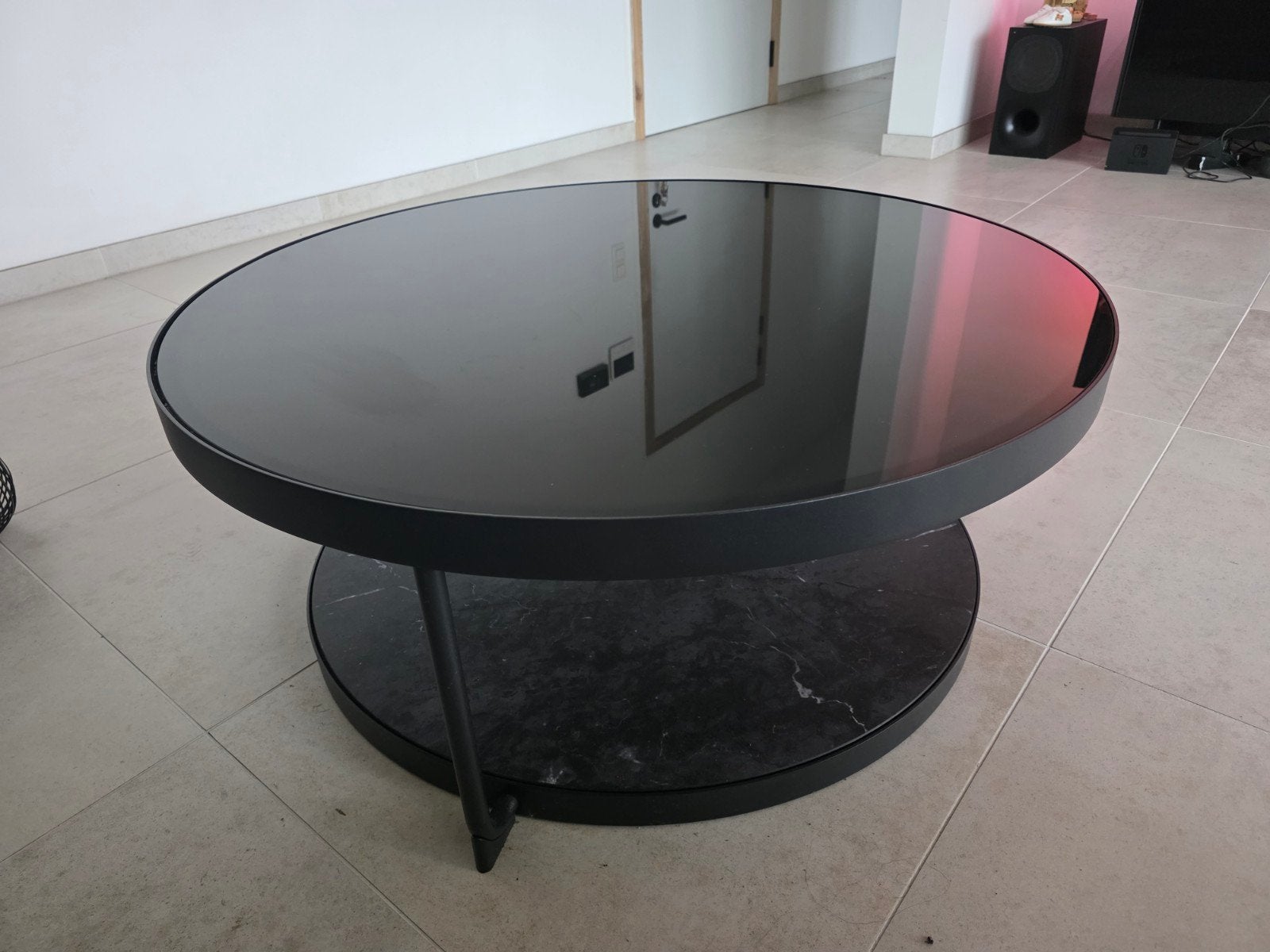 Salontafel, antraciet marmerpatroon/zwart glas, 88 cm, Huis en Inrichting, Ophalen, 50 tot 100 cm, Rond, 50 tot 100 cm