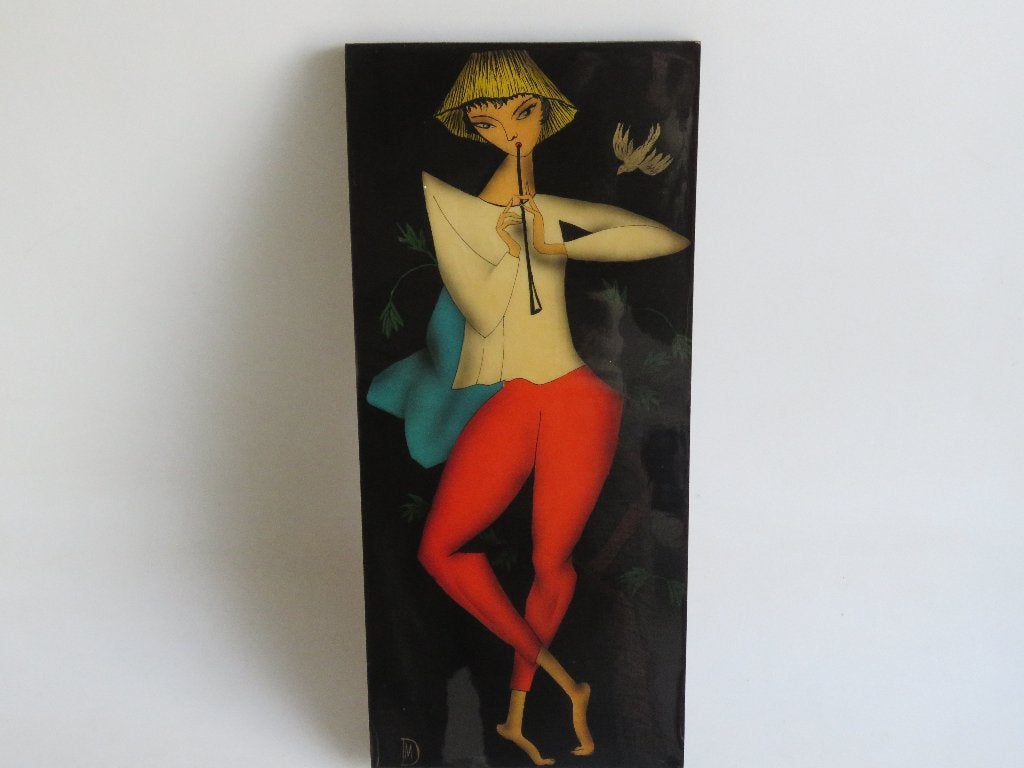 Vintage wandpaneel 60s Dame met fluit, Ophalen of Verzenden