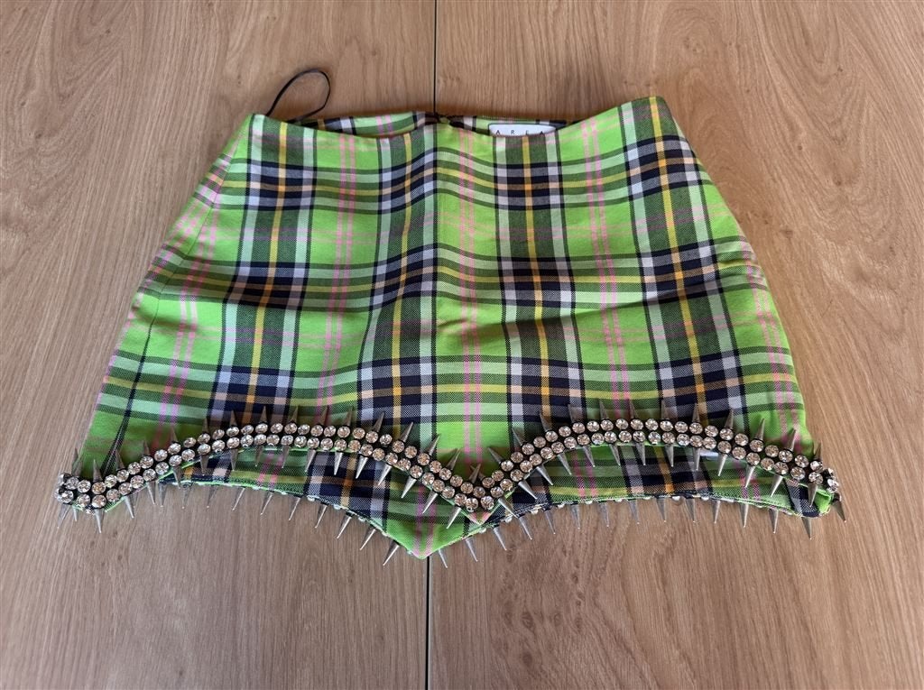 AREA Tartan Spiked Green Wool Mini Skirt - UK 6, Ophalen of Verzenden, Zo goed als nieuw
