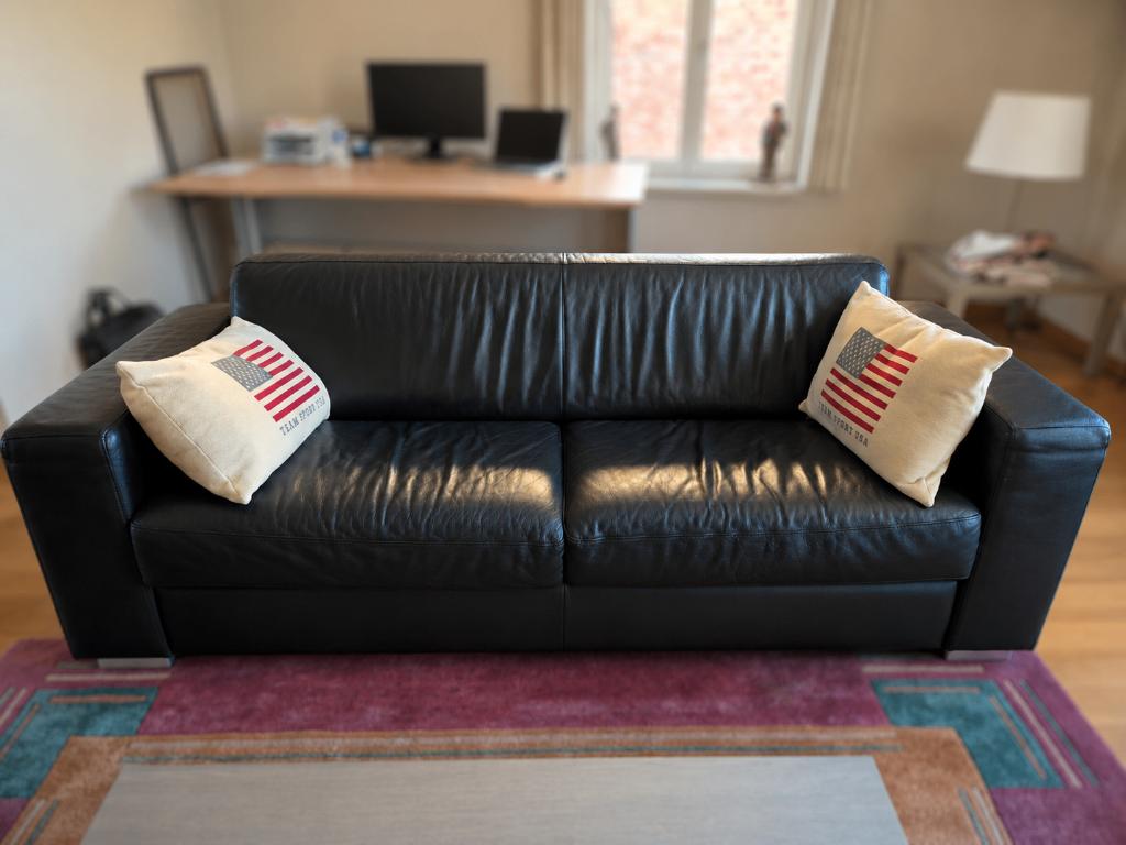 Zetel zwart leer (2-zit), Huis en Inrichting, Zetels | Zetels, Ophalen, Gebruikt, Tweepersoons, Leer