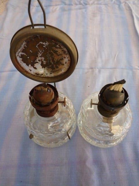 2 kleine kerosinelampjes - Quinquets +/- 1930, Ophalen of Verzenden