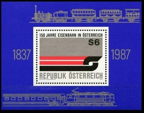 Autriche 1987, bloc-feuillet du 150e anniversaire des chemin, Envoi, Non oblitéré, Trains