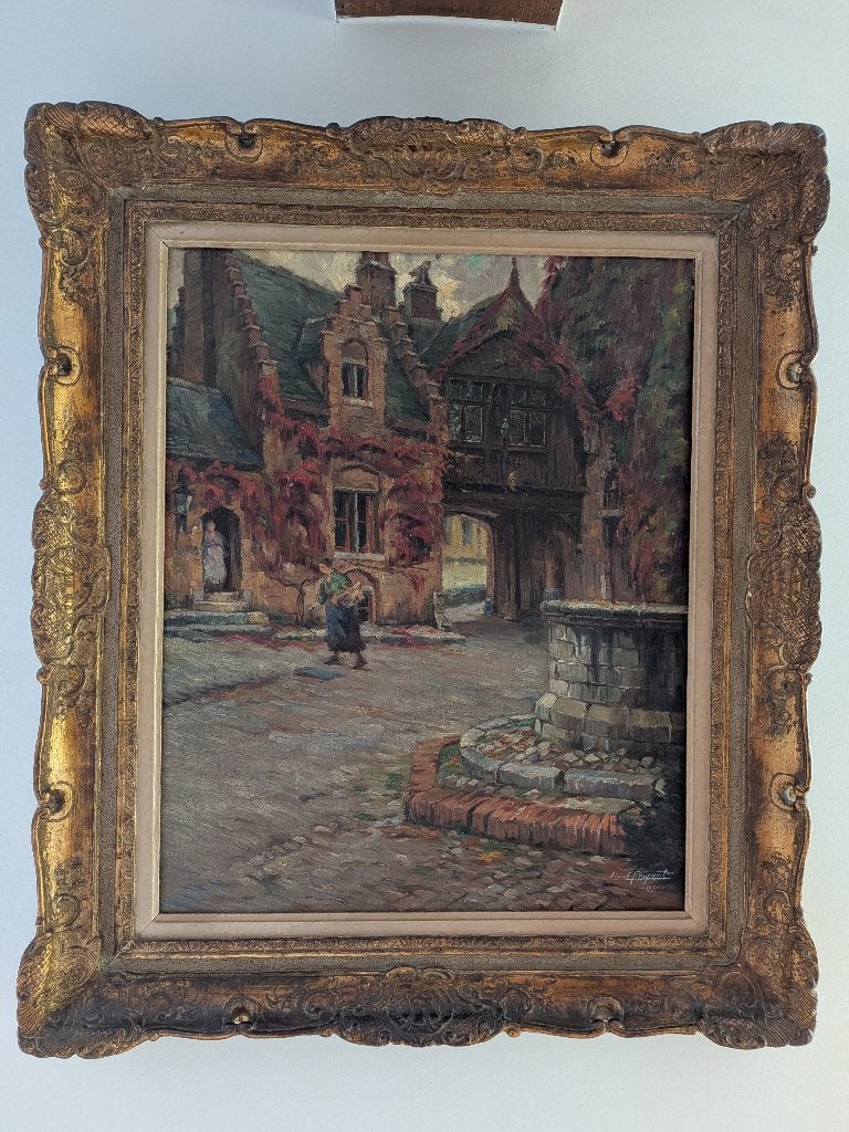 Origineel olieverfschilderij Lionel Poupaert (1950), Peinture à l'huile, Cadre spécial, Enlèvement, Paysage urbain / rural