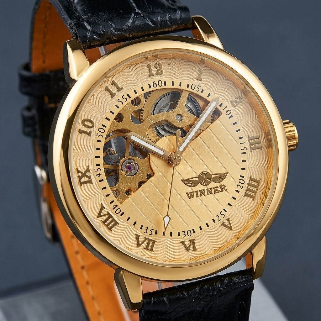 Montre mécanique homme WINNER – Boîtier Doré & Cadran Squele, Envoi, Noir