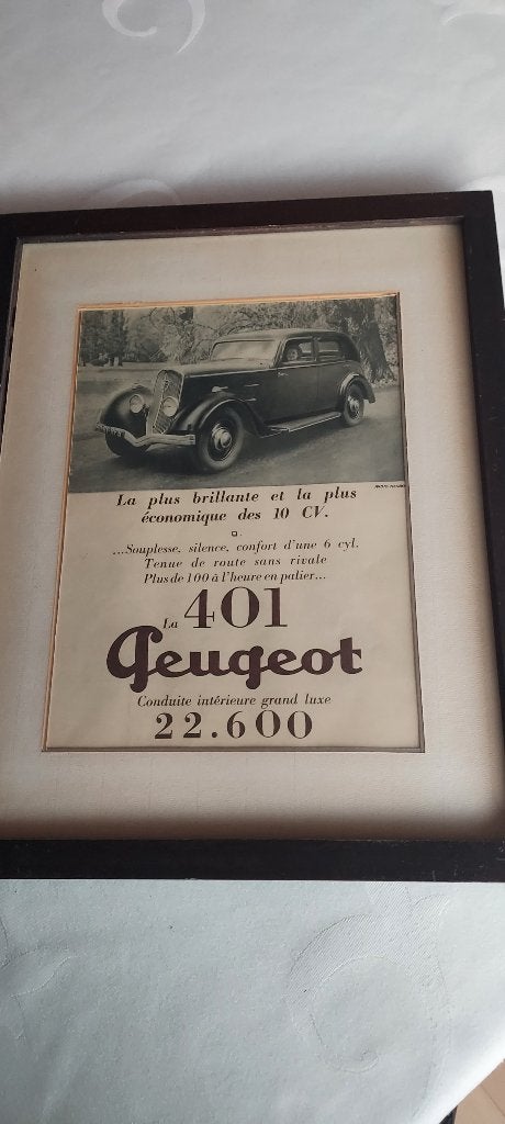 oude reklame van Peugeot 401, ingekaderd, Verzamelen, Merken en Reclamevoorwerpen, Verzenden, Gebruikt