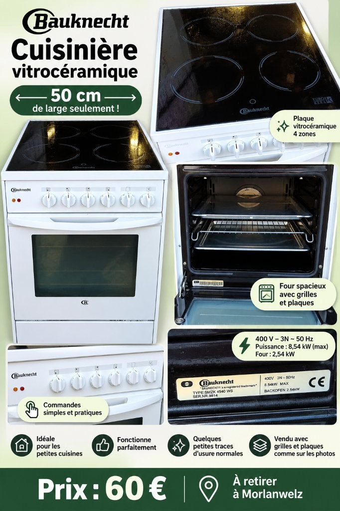 Cuisinière vitrocéramique - 50 cm, Electroménager, 4 zones de cuisson, Enlèvement, Utilisé, 45 à 60 cm