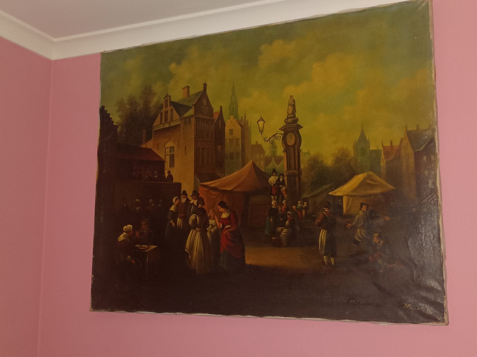 Antiek Olieverfschilderij – Historisch Stadsgezicht & Marktt, Ophalen of Verzenden