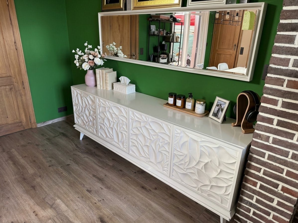 Prachtig & Modern Wit Dressoir met Reliëfpatroon + Spiegel, Ophalen, Gebruikt