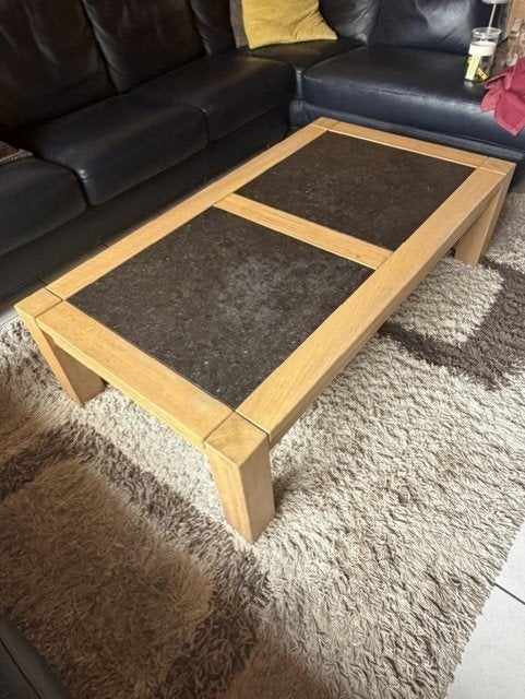 Houten salontafel met marmeren blad, Ophalen, Gebruikt, 100 tot 150 cm, 50 tot 100 cm
