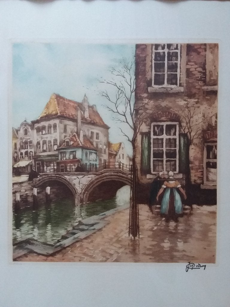 kleurenets Jef Codron, Mechelen Hoogbrug, Ingelijst, Gebruikt, Schilderij, 62 cm