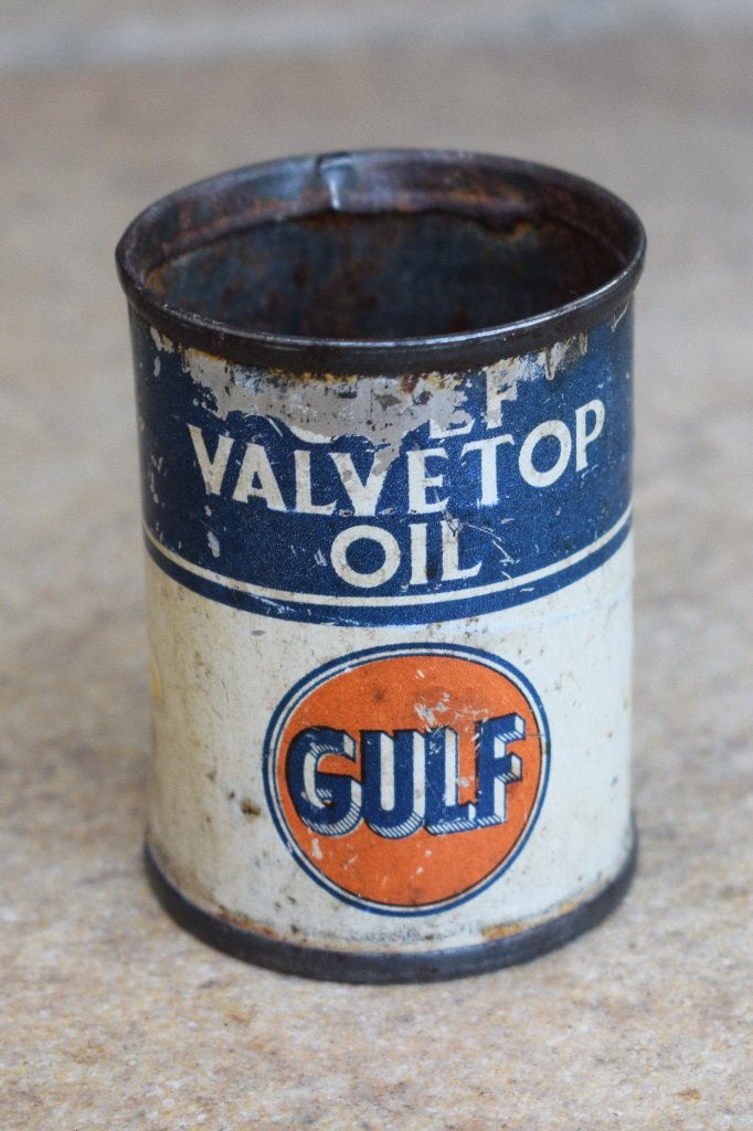 petit bidon huile belge gulf valvetop 1930, Collections, Enlèvement ou Envoi, Utilisé, Panneau publicitaire
