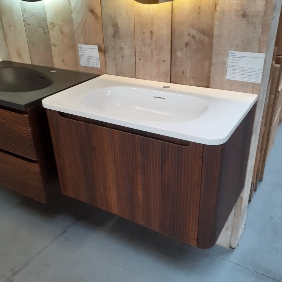 Badmeubel, walnoot, wastafel + onderkast, ribbels, Sano 80, Ophalen of Verzenden, Nieuw